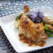 Pan-Seared Chicken Legs with Purple Smashed Potatoes, Brussels Sprouts & Warm Bacon Vinaigrette