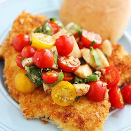 Crispy Parmesan Chicken Cutlets with Tomato-Mozzarella Salad
