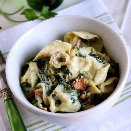 Tortellini with Crispy Bacon and Spinach in Cream Sauce
