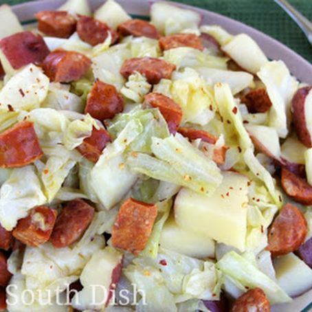 Smothered Potatoes and Cabbage with Andouille