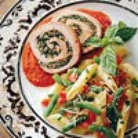 Basil-and-Mushroom-Stuffed Pork Spirals with Roasted Red Pepper Sauce