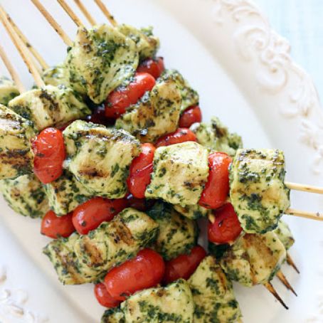Skinny Grilled Pesto Chicken and Tomato Kebabs