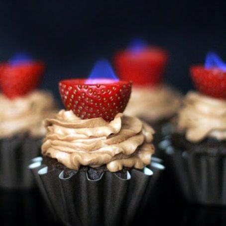 Chocolate Cupcakes with Flaming Strawberries