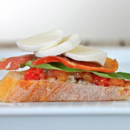 Bruschetta, Bocconcini, Basil and Prosciutto Appetizer