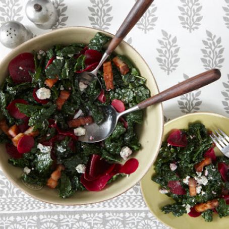 Kale Salad with Pickled Beets, Bacon, Blue Cheese, and Honey-Clove Vinaigrette