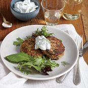 Zucchini, Walnut, and Feta Cakes with Cucumber-Yogurt Sauce