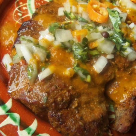 Carne Asada with a Spicy Annatto Sauce and Onion Cilantro Salsa
