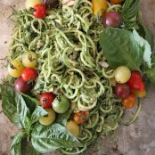 Recipe: Zuchinni Noodles with Basil Almond Pesto and Cherry Tomatoes