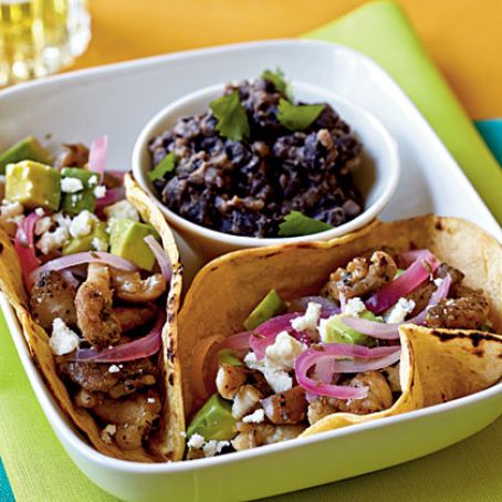 Chicken Carne Asada Tacos with Pickled Onions and Spicy Black Beans