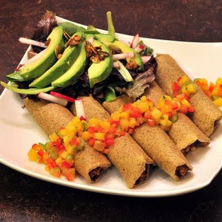 Tomatillo Enchiladas, Pineapple Salsa, Baby Romaine and Avocado Salad with Lime Vinaigrette