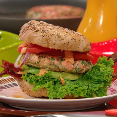 BLAST Burgers (Bacon, Lettuce, Avocado, Salmon and Tomato Burgers with Sriracha Aioli)