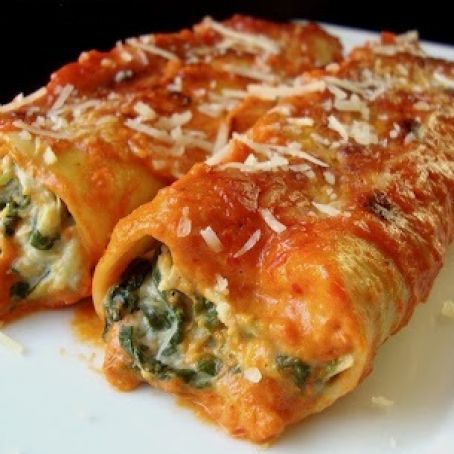Artichoke-Spinach Canneloni with Roasted Red Pepper Sauce