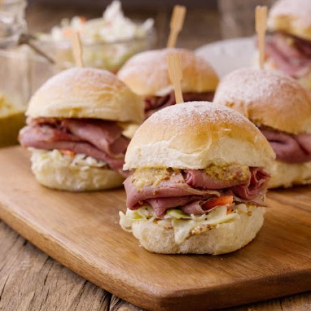 Corned Beef Sliders with Cabbage Slaw and Guinness Mustard