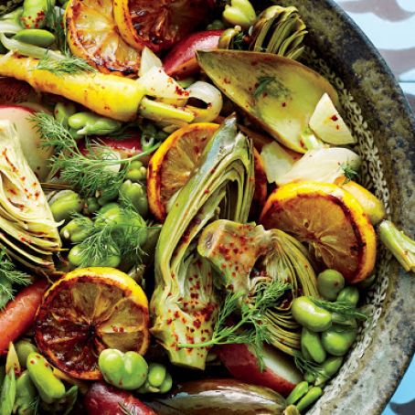 Braised Artichokes, Favas, and Carrots in Creamy Lemon Sauce with Fennel