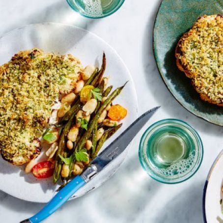 Herb-Crusted Cauliflower Steaks with Beans and Tomatoes