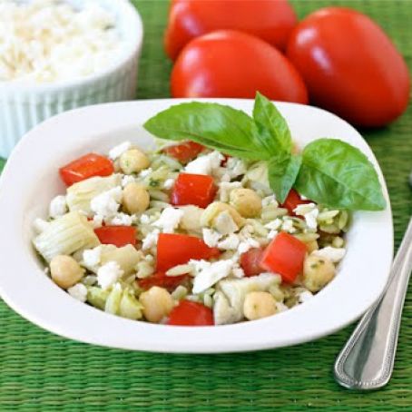 Orzo Salad with Artichokes, Tomatoes, Chickpeas, Feta & Lemon Basil Dressing