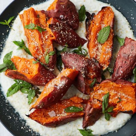 Roasted Sweet Potatoes with Chile Yogurt and Mint