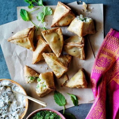 Potato and Pea Samosas with Cucumber Raita
