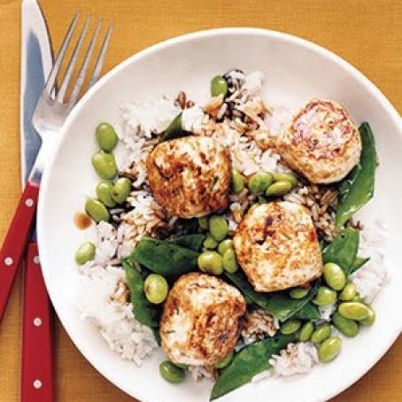 Chicken Teriyaki Meatballs with Edamame and Snow Peas