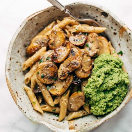 Simple Mushroom Penne with Walnut Pesto