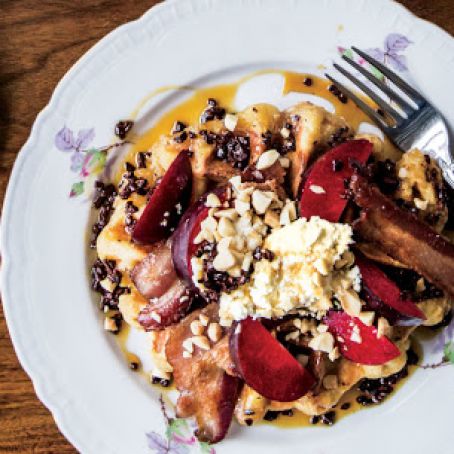 Pearl Sugar Waffles with Bacon and Plums