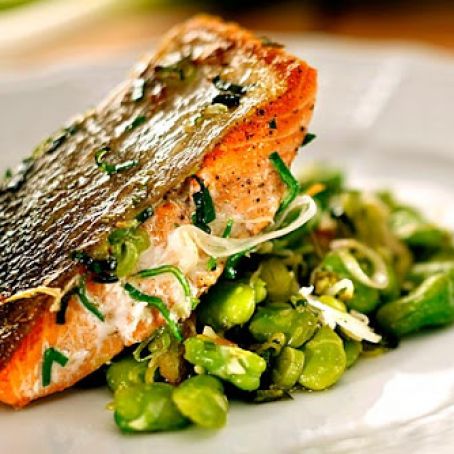 Sockeye salmon with green garlic and favas