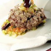 Over-easy Beef Tartar with Gherkins, Parsley, Onions, Tomatoes and Olives
