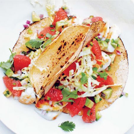 Seared Halibut Tacos With Grapefruit-Avocado Salsa