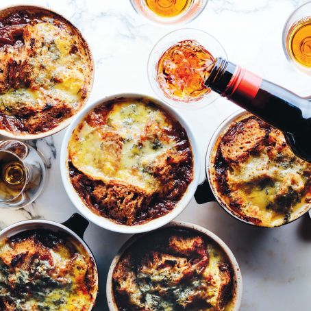 Caramelized Onion and Bread Soup with Brûléed Blue Cheese