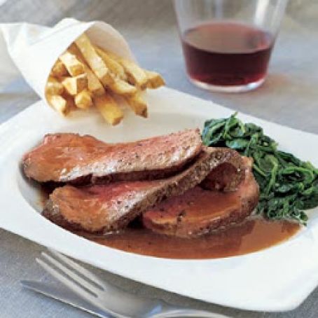 Beef Tenderloin with Red Wine Sauce, Creamed Spinach, and Truffled French Fries