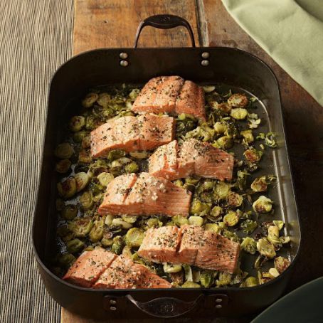 Garlic Roasted Salmon and Brussels Sprouts