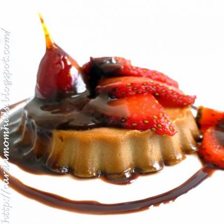 Coffee Flavored Flan with Strawberries and Nutella Sauce