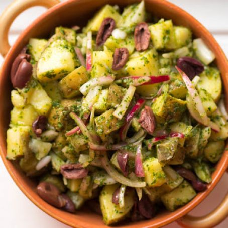 Yukon Gold Potato Salad With Tarragon Pesto and Pickled Onions