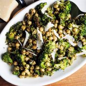roasted broccoli and chickpeas with pesto