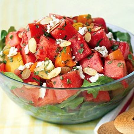 Watermelon and Tomato Salad with Feta and Pumpkin Seeds