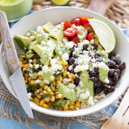 Burrito Bowl with Roasted Corn and Poblano Peppers
