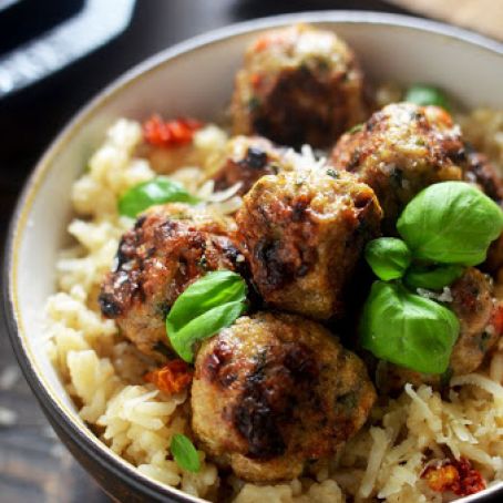 Sun Dried Tomato Basil Chicken Meatballs with Creamy Parmesan Rice