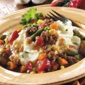 Ground Beef Stew over Garlic Mashed Potatoes