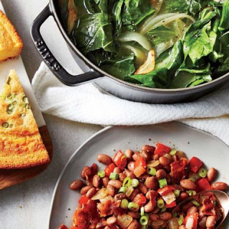 Braised Collard Greens and Bacon-Pepper Pinto Beans