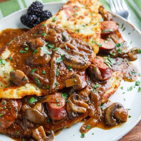 Boxty, Irish Potato Pancakes, with Bangers in a Guinness Mushroom and Onion Gravy