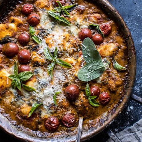 One-Pan Spinach and Cheese Gnocchi with Roasted Garlic Tomato Cream Sauce