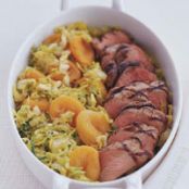 Grilled Pork with Curried Apricots and Napa Cabbage