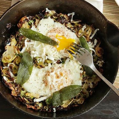 Brussels Sprouts Hash with Fried Sage and Soft Cooked Eggs