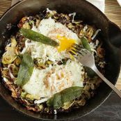Brussels Sprouts Hash with Fried Sage and Soft Cooked Eggs