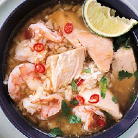 Cambodian Chicken-and-Rice Soup with Shrimp