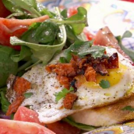 Argentina Rocket Salad with Fried Egg, Grilled Chorizo and Grilled Provoleto Crostini