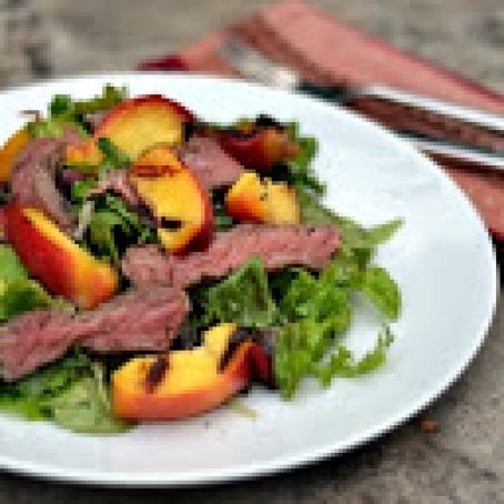 New York Steak with Baby Greens and Grilled Nectarines