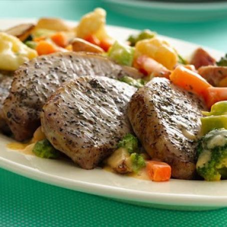 Roasted Pork Chops with Cheesy Vegetables