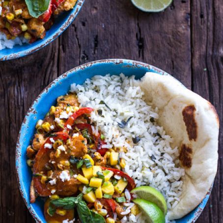 Simple Summertime Basil Chicken Curry with Coconut Ginger-Lime Rice.