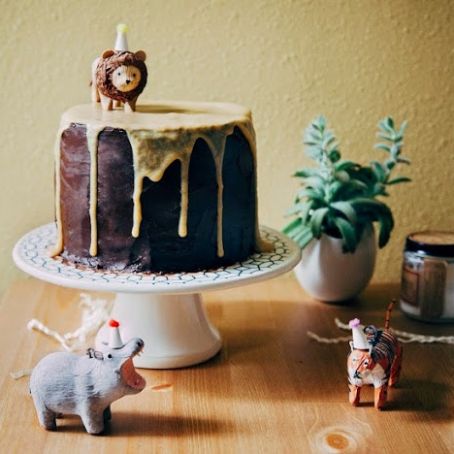 Boozy Yellow Birthday Cake with Chocolate Frosting  and Caramelized White Chocolate Ganache